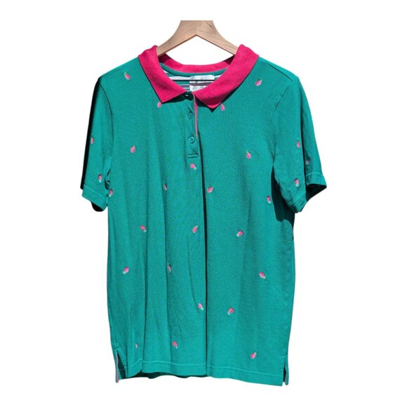 Quacker Factory | Pink Collared Embroidered Pineapple Green Polo | XL - Picture 10 of 11